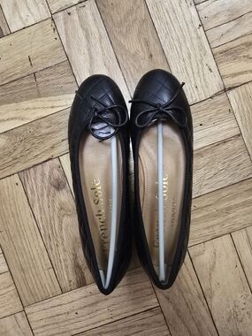 French Sole Black Quilted Ballet Flats with Bow Trim